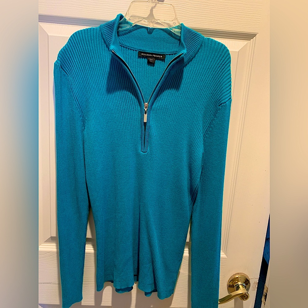 Boston Proper caribbean blue half zip sweater, size L.